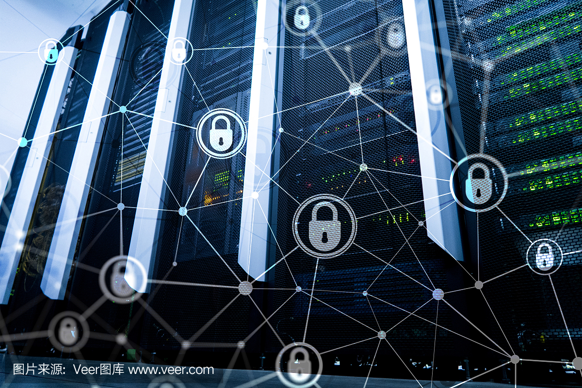 網絡安全,信息隱私,數據保護概念在現代服務器室背景下?；ヂ摼W和數字技術的概念。