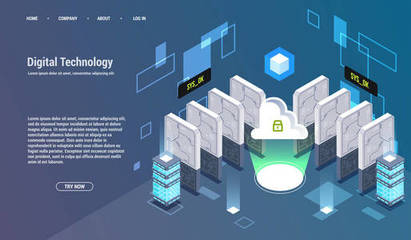 大數據處理、等距數據中心、矢量信息處理和存儲的概念。具有抽象幾何元素的創造性插圖